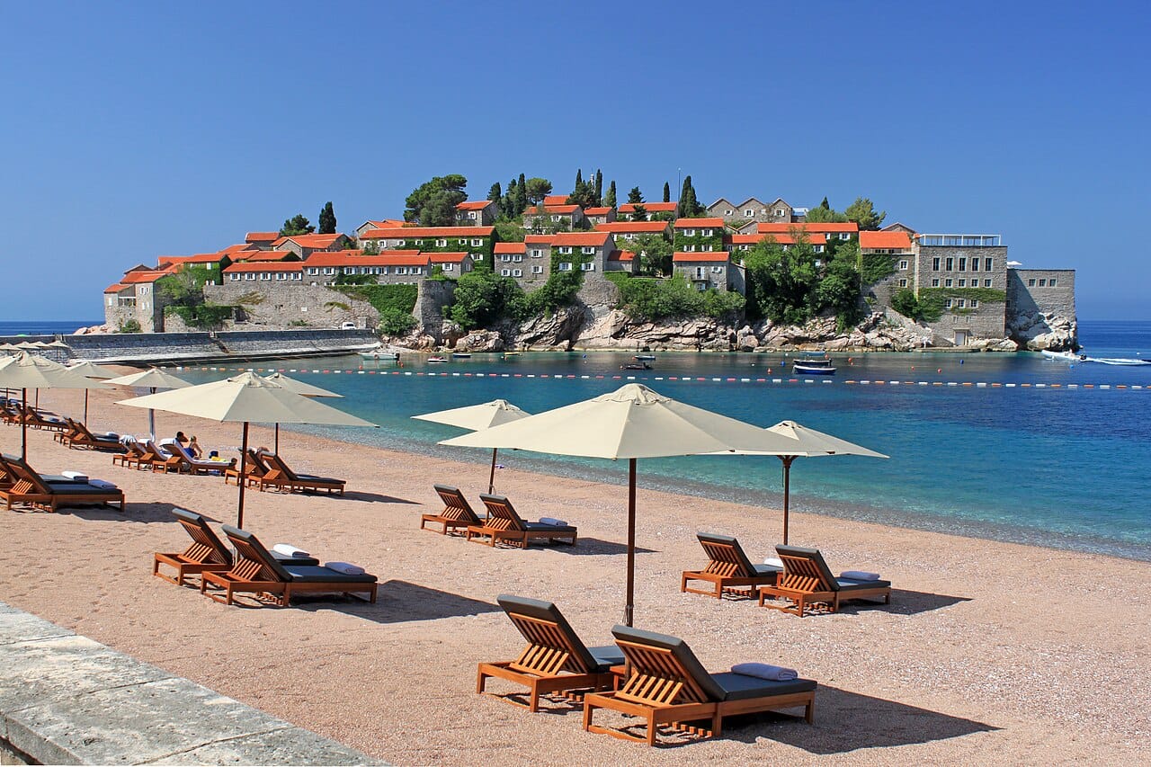 Sveti Stefan Beach in Budva Riviera, Montenegro